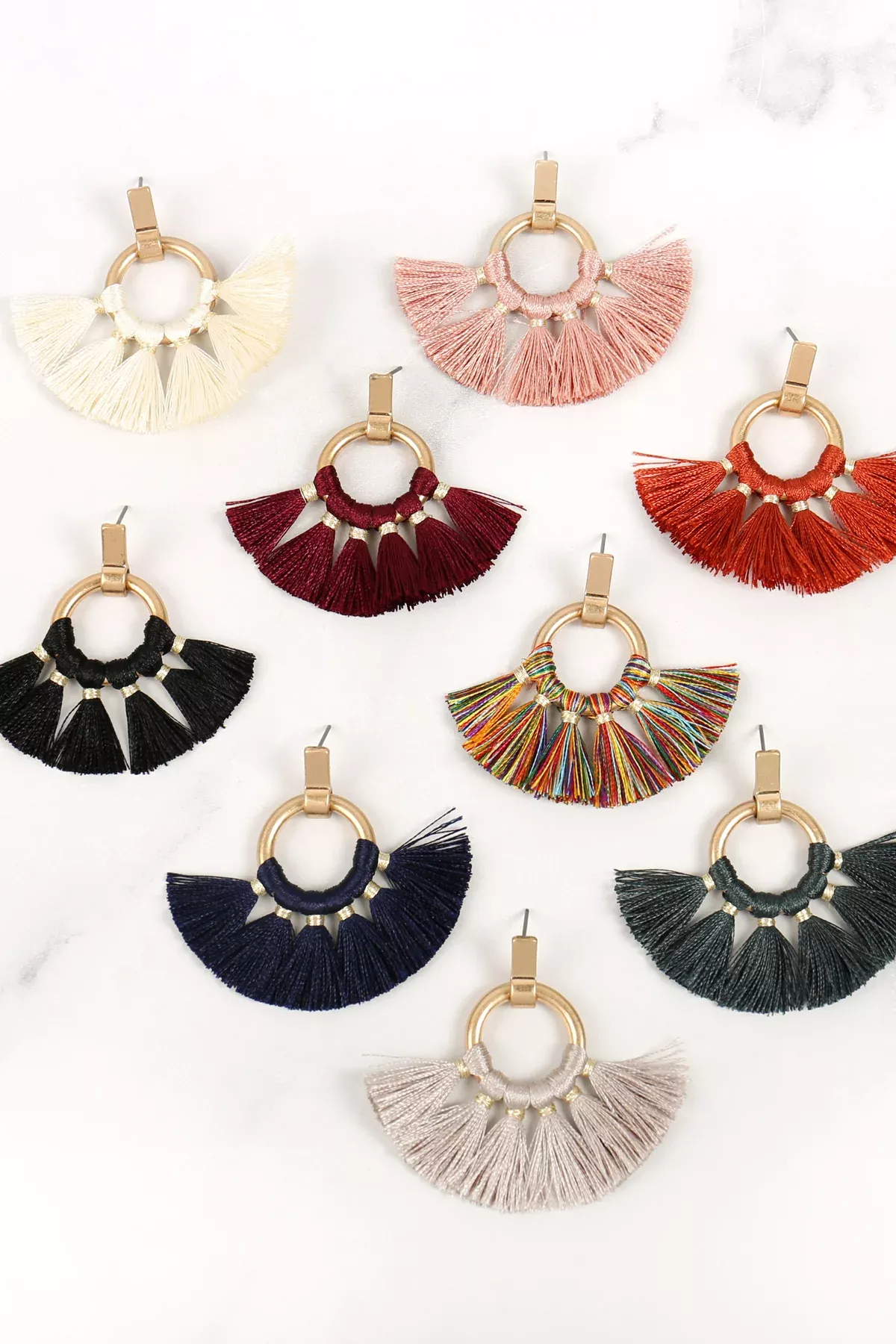 1.5 INCH METAL HOOP WITH SHORT TASSEL POST EARRINGS