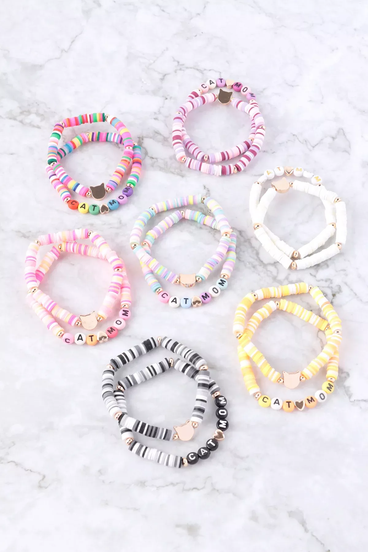 "CAT MOM" RUBBER BEADS LETTER STRETCH BRACELET