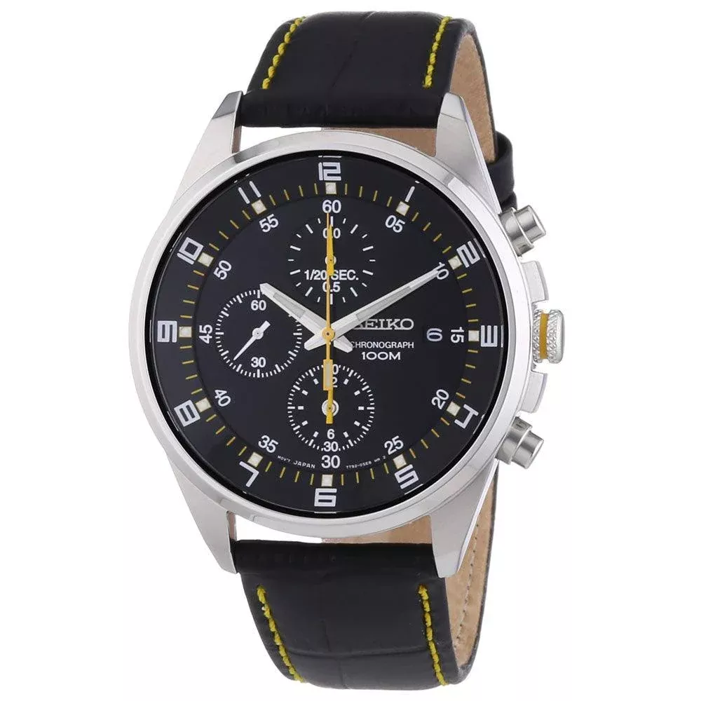 Seiko SNDC89P2 Men's Black Dial Black Leather Strap Chronograph Watch