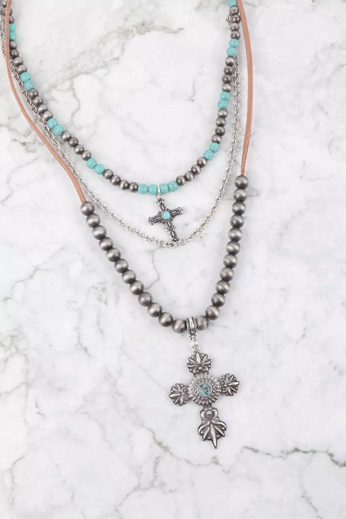 WESTERN NAVAJO PEARL LAYERED CROSS PENDANT NECKLACE AND EARRING SET