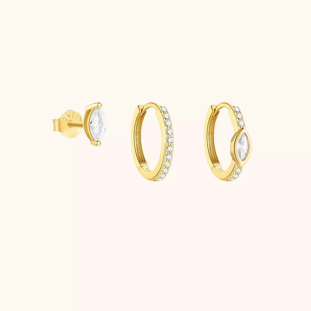 Zirconia Hoop & Marquise Stud Earrings Set