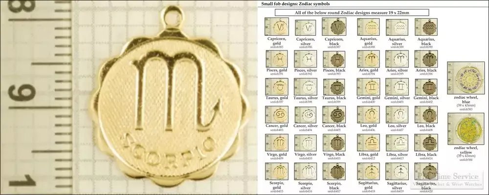 Zodiac sign decorative fobs, various strap, key chain, watch chain & jewelry finishing options